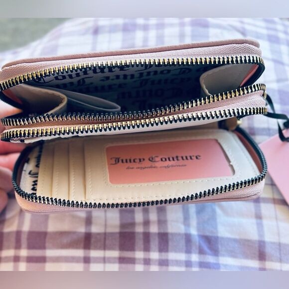 Juicy Couture Pink Med Wallet OS Blush Crystal Ombré Logo Double Zip Bling NEW - Picture 7 of 8